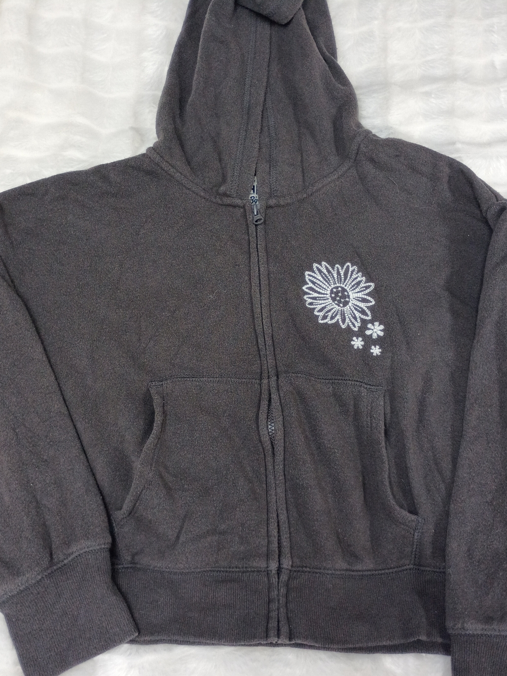 OshKosh B'gosh Girls' Dark Gray Zip Hoodie with White Floral Embroidery